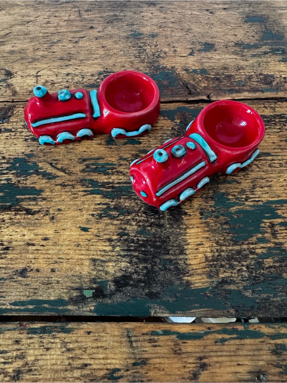 Red Train Egg Holders with Aqua Accents - Italy